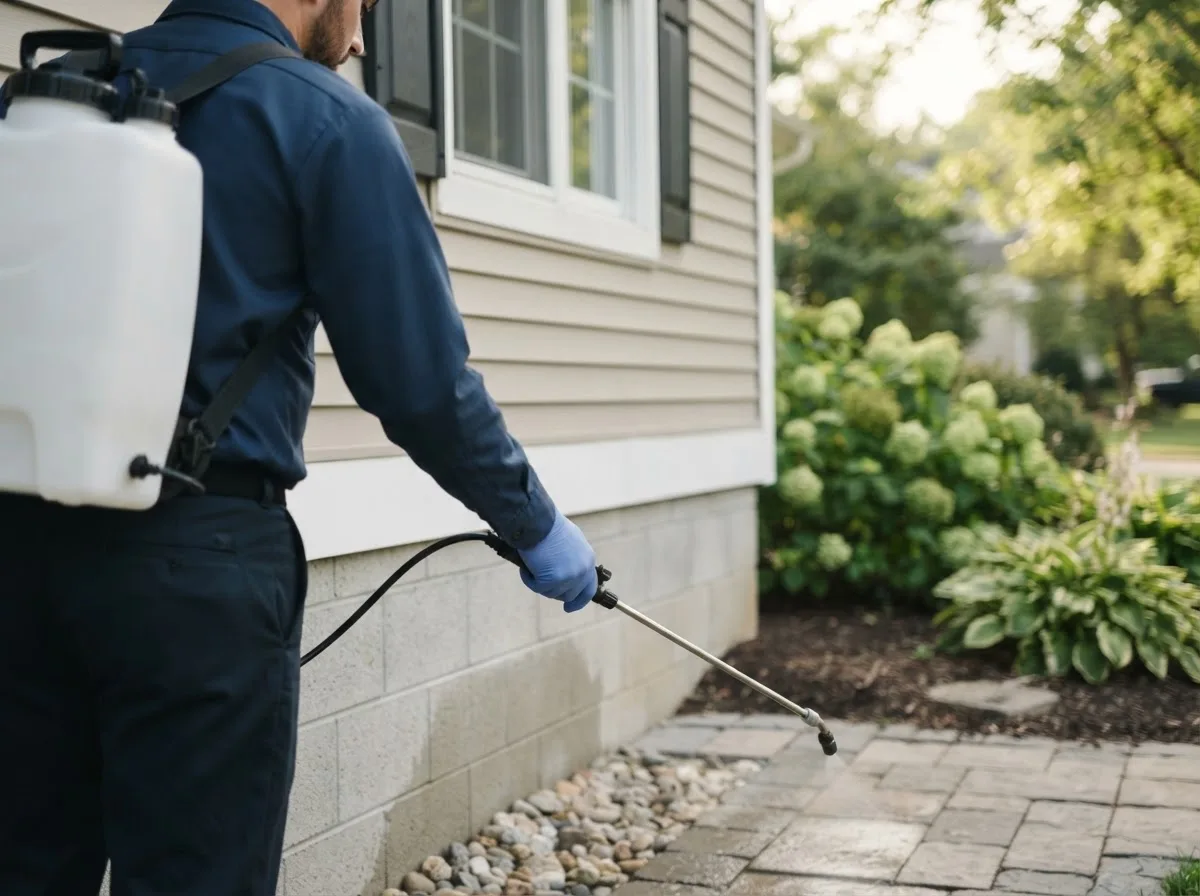 Pest control technician inspecting a home in Flushing, OH